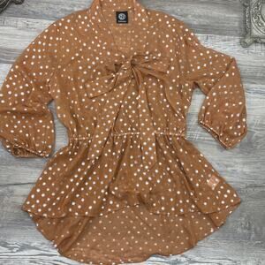Bobeau L Sheer 3/4 Sleeve Polka Dot Camel Cognac Brown Metallic Silver Flowy Top